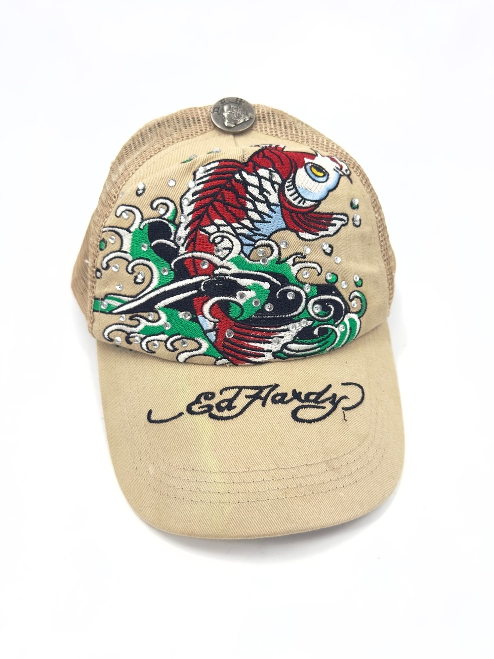 Ed Hardy Trucker Hat Christian Audigier Snapback Vintage Tattoo Koi Fish Tan